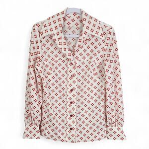 70s Vtg Dagger Collar Shirt Womens Large White Red Print Handmade Long Slv Disco